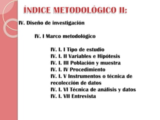 IV. Diseño de investigación
IV. I Marco metodológico
IV. I. I Tipo de estudio
IV. I. II Variables e Hipótesis
IV. I. III Población y muestra
IV. I. IV Procedimiento
IV. I. V Instrumentos o técnica de
recolección de datos
IV. I. VI Técnica de análisis y datos
IV. I. VII Entrevista

 