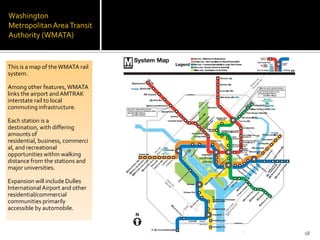 Washington
MetropolitanAreaTransit
Authority (WMATA)
This is a map of theWMATA rail
system.
Among other features, WMATA
links the airport andAMTRAK
interstate rail to local
commuting infrastructure.
Each station is a
destination, with differing
amounts of
residential, business, commerci
al, and recreational
opportunities within walking
distance from the stations and
major universities.
Expansion will include Dulles
InternationalAirport and other
residential/commercial
communities primarily
accessible by automobile.
18
 
