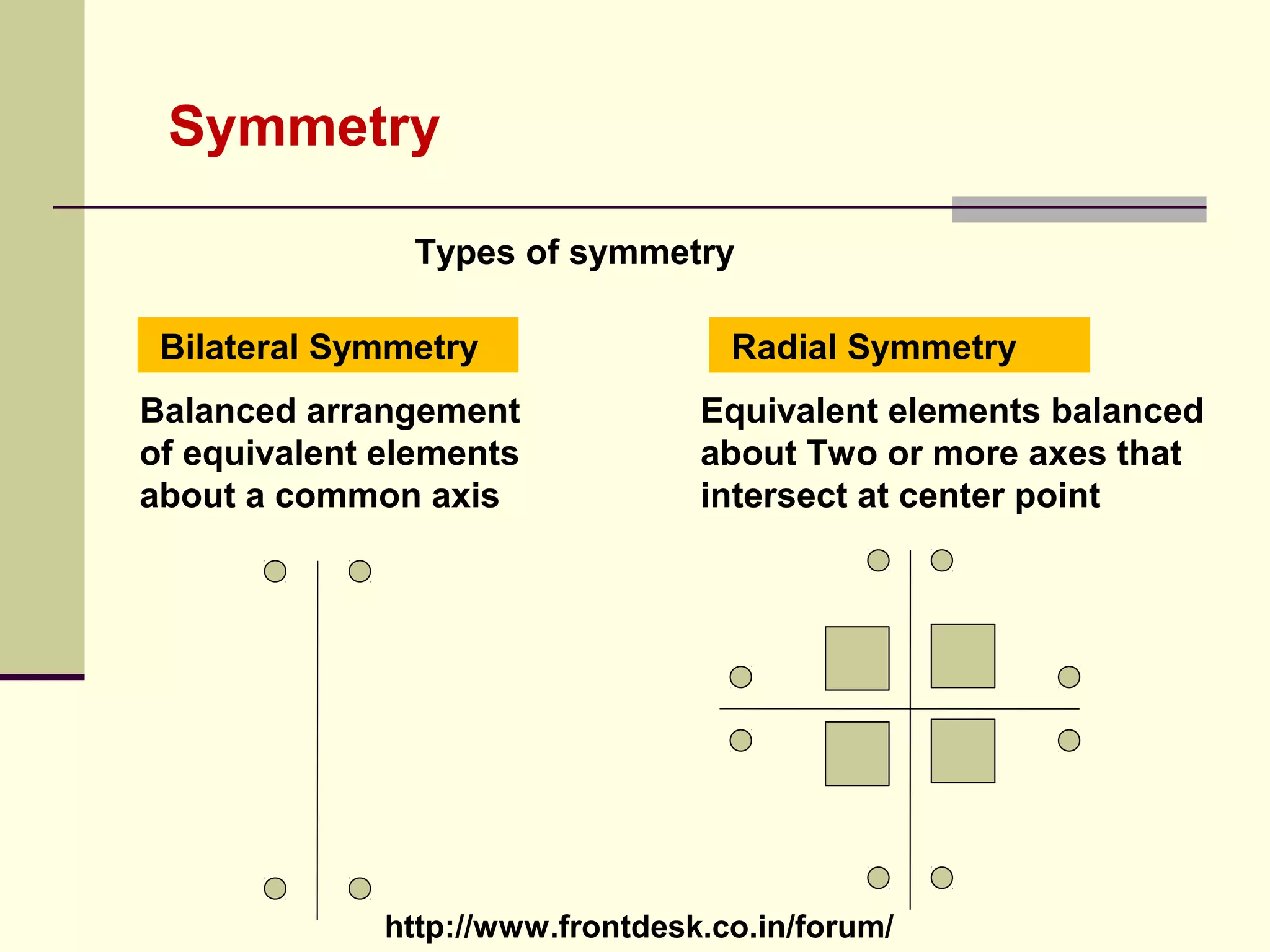 http://www.frontdesk.co.in/forum/
Symmetry
Types of symmetry
Bilateral Symmetry Radial Symmetry
Balanced arrangement
of equivalent elements
about a common axis
Equivalent elements balanced
about Two or more axes that
intersect at center point
 