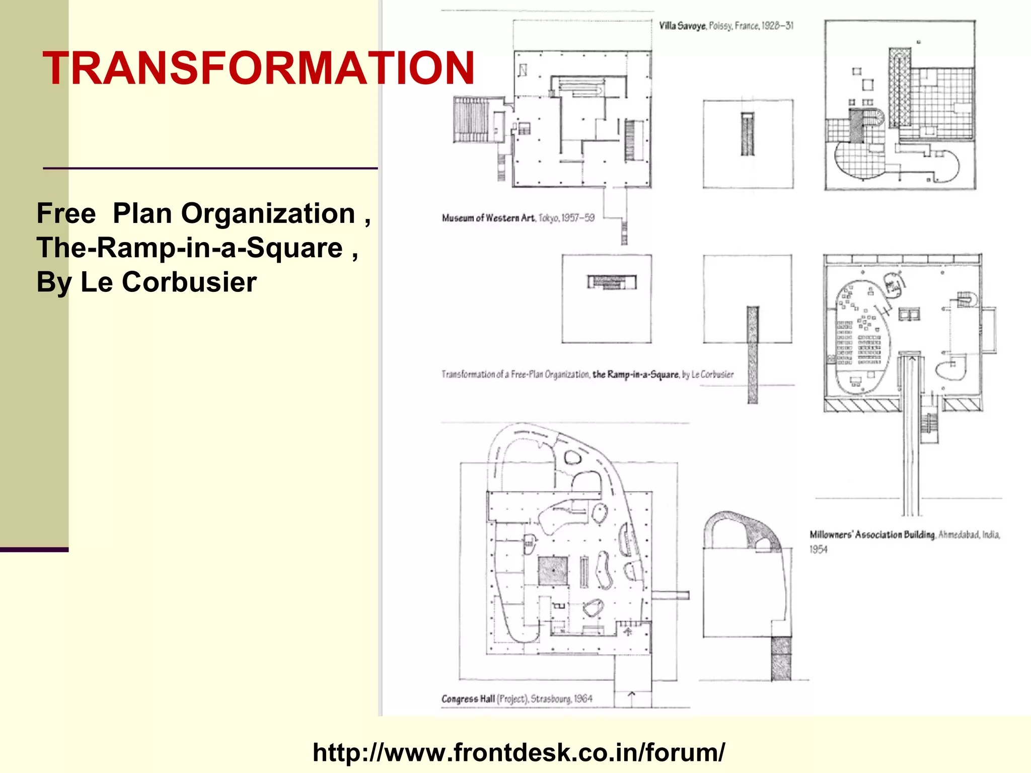 http://www.frontdesk.co.in/forum/
Free Plan Organization ,
The-Ramp-in-a-Square ,
By Le Corbusier
TRANSFORMATION
 
