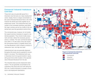 19 | GROWING THROUGH TRANSIT 
Commercial 
Industrial 
Institutional 
NW 6TH ST 
E LAS OLAS BLVD 
SE 3RD AVE 
NW 7TH AVE 
NE 3RD AVE 
E BROWARD BLVD 
EVA HT4 WS 
YWH LAREDEF S 
EVA SWERDNA S 
W BROWARD BLVD 
N ANDREWS AVE 
N FEDERAL HWY 
SW 2ND ST 
N VICTORIA PARK RD 
SE 2ND ST 
1 
Figure 5: Commercial, Industrial, 
and Institutional Land Use 
Commercial / Industrial / Institutional 
Land Uses 
These land uses are generally typical for a 
downtown area that acts as a major employment 
center. Clearly, there is a larger concentration to 
the south of Broward Boulevard than to the north, 
however the whole area works together as an 
employment center. The employment land uses 
outside of the immediate downtown area follow 
the major corridors and act as a buffer to the resi-dential 
land uses that generally lie behind them. 
The commercial uses, however, do not include 
the support services necessary to support a res-idential 
population. They include mostly restau-rants 
and bars, without the necessary grocery 
stores or markets. The main commercial destina-tions 
within a 1/4 mile radius of the site include 
the Himmarshee District (a nightlife district) and 
Las Olas Boulevard, which contains a mixture of 
restaurants, bars, and high end retail. 
Institutional land uses are generally dispersed 
throughout the study area as opposed to concen-trated 
in one place. The institutional land uses 
in Downtown tend to be governmental in nature, 
with government center located on the opposite 
side of Broward Boulevard from the site. 
The industrial areas provide employment desti-nations. 
The are generally concentrated to the 
northwest of the study area and north along the 
FEC line. It will be important to consider connec-tions 
to all employment destinations. 
Data Source: University of Florida Geoplan Center, 2012 
0 0.25 0.5 
MilesI 
 