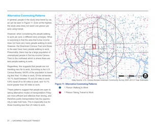 27 | GROWING THROUGH TRANSIT 
Alternative Commuting Patterns 
In general, people in the study area travel by car, 
as can be seen in Figure 11. Even at the highest, 
the study area does not reach one person per 
acre using transit. 
However, when considering the people walking 
to work per acre, a different story emerges. What 
is surprising is that the area that is low income 
does not have very many people walking to work. 
However, the Downtown Census Tract and those 
to the east have many people walking to work. 
Presumably, there may be a large population of 
unemployed people in the low income Census 
Tract to the northwest which is where there are 
less people walking to work. 
Regardless, this suggests that people are not 
traveling very far to work. According to the U.S. 
Census Bureau, 64.6% of the population is travel-ing 
less than 10 miles to work. Of the remainder, 
19.1% travel between 10 and 24 miles to work, 
5.6% travel 25 to 50 miles to work, and 10.7% 
travel greater than 50 miles to work. 
These patterns suggest that people are open to 
taking alternative modes of transportation if they 
are more efficient and effective than driving, and 
therefore public transportation has the opportu-nity 
to take hold here. This is especially true for 
those traveling less than 24 miles to work. 
NW 6TH ST 
E LAS OLAS BLVD 
SE 3RD AVE 
NW 7TH AVE 
NE 3RD AVE 
E BROWARD BLVD 
SW 4TH AVE 
S FEDERAL HWY 
S ANDREWS AVE 
W BROWARD BLVD 
N ANDREWS AVE 
N FEDERAL HWY 
SW 2ND ST 
N VICTORIA PARK RD 
SE 2ND ST 
1 
Figure 11: Alternative Commuting Patterns 
1 Person Walking to Work 
1 Person Taking Transit to Work 
Data Source: U.S. Census Bureau American Community Survey 2007-2012 5 Year Estimates 
0 0.25 0.5 
MilesI 
 