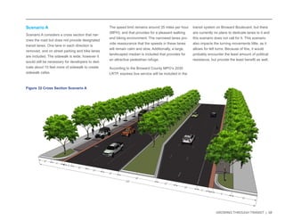 GROWING THROUGH TRANSIT | 58 
Scenario A 
Scenario A considers a cross section that nar-rows 
the road but does not provide designated 
transit lanes. One lane in each direction is 
removed, and on street parking and bike lanes 
are included. The sidewalk is wide, however it 
would still be necessary for developers to ded-icate 
about 10 feet more of sidewalk to create 
sidewalk cafes. 
The speed limit remains around 35 miles per hour 
(MPH), and that provides for a pleasant walking 
and biking environment. The narrowed lanes pro-vide 
reassurance that the speeds in these lanes 
will remain calm and slow. Additionally, a large, 
landscaped median is included that provides for 
an attractive pedestrian refuge. 
According to the Broward County MPO’s 2030 
LRTP, express bus service will be included in the 
transit system on Broward Boulevard, but there 
are currently no plans to dedicate lanes to it and 
this scenario does not call for it. This scenario 
also impacts the turning movements little, as it 
allows for left turns. Because of this, it would 
probably encounter the least amount of political 
resistance, but provide the least benefit as well. 
Figure 32 Cross Section Scenario A 
 