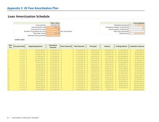 81 | GROWING THROUGH TRANSIT 
Appendix 3: 20 Year Amortization Plan 
Loan Amortization Schedule 
Loan amount $120,507,200 Scheduled payment $ 11,375,027.18 
Annual interest rate 7.00 % Scheduled number of payments 20 
Loan period in years 20 Actual number of payments 20 
Number of payments per year 1 (see note below) Total early payments $ - 
Start date of loan 1/1/15 Total interest $ 106,993,343.62 
Optional extra payments 
Lender name: 
Pmt. 
No. 
Payment Date Beginning Balance 
Scheduled 
Payment 
Extra Payment Total Payment Principal Interest Ending Balance Cumulative Interest 
1 1/1/16 $ 120,507,200.00 $ 11,375,027.18 $ - $ 11,375,027.18 $ 2,939,523.18 $ 8,435,504.00 $ 117,567,676.82 $ 8,435,504.00 
2 1/1/17 $ 117,567,676.82 $ 11,375,027.18 $ - $ 11,375,027.18 $ 3,145,289.80 $ 8,229,737.38 $ 114,422,387.02 $ 16,665,241.38 
3 1/1/18 $ 114,422,387.02 $ 11,375,027.18 $ - $ 11,375,027.18 $ 3,365,460.09 $ 8,009,567.09 $ 111,056,926.92 $ 24,674,808.47 
4 1/1/19 $ 111,056,926.92 $ 11,375,027.18 $ - $ 11,375,027.18 $ 3,601,042.30 $ 7,773,984.88 $ 107,455,884.63 $ 32,448,793.35 
5 1/1/20 $ 107,455,884.63 $ 11,375,027.18 $ - $ 11,375,027.18 $ 3,853,115.26 $ 7,521,911.92 $ 103,602,769.37 $ 39,970,705.28 
6 1/1/21 $ 103,602,769.37 $ 11,375,027.18 $ - $ 11,375,027.18 $ 4,122,833.33 $ 7,252,193.86 $ 99,479,936.05 $ 47,222,899.13 
7 1/1/22 $ 99,479,936.05 $ 11,375,027.18 $ - $ 11,375,027.18 $ 4,411,431.66 $ 6,963,595.52 $ 95,068,504.39 $ 54,186,494.66 
8 1/1/23 $ 95,068,504.39 $ 11,375,027.18 $ - $ 11,375,027.18 $ 4,720,231.87 $ 6,654,795.31 $ 90,348,272.51 $ 60,841,289.96 
9 1/1/24 $ 90,348,272.51 $ 11,375,027.18 $ - $ 11,375,027.18 $ 5,050,648.11 $ 6,324,379.08 $ 85,297,624.41 $ 67,165,669.04 
10 1/1/25 $ 85,297,624.41 $ 11,375,027.18 $ - $ 11,375,027.18 $ 5,404,193.47 $ 5,970,833.71 $ 79,893,430.94 $ 73,136,502.75 
11 1/1/26 $ 79,893,430.94 $ 11,375,027.18 $ - $ 11,375,027.18 $ 5,782,487.02 $ 5,592,540.17 $ 74,110,943.92 $ 78,729,042.91 
12 1/1/27 $ 74,110,943.92 $ 11,375,027.18 $ - $ 11,375,027.18 $ 6,187,261.11 $ 5,187,766.07 $ 67,923,682.81 $ 83,916,808.99 
13 1/1/28 $ 67,923,682.81 $ 11,375,027.18 $ - $ 11,375,027.18 $ 6,620,369.38 $ 4,754,657.80 $ 61,303,313.43 $ 88,671,466.79 
14 1/1/29 $ 61,303,313.43 $ 11,375,027.18 $ - $ 11,375,027.18 $ 7,083,795.24 $ 4,291,231.94 $ 54,219,518.19 $ 92,962,698.73 
15 1/1/30 $ 54,219,518.19 $ 11,375,027.18 $ - $ 11,375,027.18 $ 7,579,660.91 $ 3,795,366.27 $ 46,639,857.28 $ 96,758,065.00 
16 1/1/31 $ 46,639,857.28 $ 11,375,027.18 $ - $ 11,375,027.18 $ 8,110,237.17 $ 3,264,790.01 $ 38,529,620.11 $ 100,022,855.01 
17 1/1/32 $ 38,529,620.11 $ 11,375,027.18 $ - $ 11,375,027.18 $ 8,677,953.77 $ 2,697,073.41 $ 29,851,666.34 $ 102,719,928.42 
18 1/1/33 $ 29,851,666.34 $ 11,375,027.18 $ - $ 11,375,027.18 $ 9,285,410.54 $ 2,089,616.64 $ 20,566,255.80 $ 104,809,545.06 
19 1/1/34 $ 20,566,255.80 $ 11,375,027.18 $ - $ 11,375,027.18 $ 9,935,389.28 $ 1,439,637.91 $ 10,630,866.52 $ 106,249,182.97 
20 1/1/35 $ 10,630,866.52 $ 11,375,027.18 $ - $ 10,630,866.52 $ 9,886,705.87 $ 744,160.66 $ - $ 106,993,343.62 
Enter values Loan summary 
 
