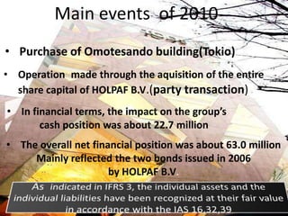 Main events of 2010
• Operation made through the aquisition of the entire
share capital of HOLPAF B.V.(party transaction)
• In financial terms, the impact on the group’s
cash position was about 22.7 million
• The overall net financial position was about 63.0 million
Mainly reflected the two bonds issued in 2006
by HOLPAF B.V.
• Purchase of Omotesando building(Tokio)
 