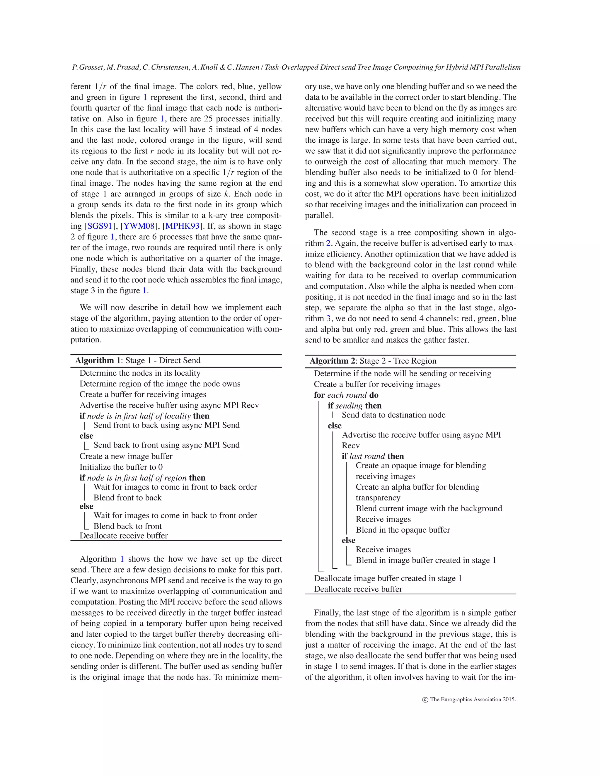 P. Grosset, M. Prasad, C. Christensen, A. Knoll & C. Hansen / Task-Overlapped Direct send Tree Image Compositing for Hybrid MPI Parallelism
ferent 1/r of the ﬁnal image. The colors red, blue, yellow
and green in ﬁgure 1 represent the ﬁrst, second, third and
fourth quarter of the ﬁnal image that each node is authori-
tative on. Also in ﬁgure 1, there are 25 processes initially.
In this case the last locality will have 5 instead of 4 nodes
and the last node, colored orange in the ﬁgure, will send
its regions to the ﬁrst r node in its locality but will not re-
ceive any data. In the second stage, the aim is to have only
one node that is authoritative on a speciﬁc 1/r region of the
ﬁnal image. The nodes having the same region at the end
of stage 1 are arranged in groups of size k. Each node in
a group sends its data to the ﬁrst node in its group which
blends the pixels. This is similar to a k-ary tree composit-
ing [SGS91], [YWM08], [MPHK93]. If, as shown in stage
2 of ﬁgure 1, there are 6 processes that have the same quar-
ter of the image, two rounds are required until there is only
one node which is authoritative on a quarter of the image.
Finally, these nodes blend their data with the background
and send it to the root node which assembles the ﬁnal image,
stage 3 in the ﬁgure 1.
We will now describe in detail how we implement each
stage of the algorithm, paying attention to the order of oper-
ation to maximize overlapping of communication with com-
putation.
Algorithm 1: Stage 1 - Direct Send
Determine the nodes in its locality
Determine region of the image the node owns
Create a buffer for receiving images
Advertise the receive buffer using async MPI Recv
if node is in ﬁrst half of locality then
Send front to back using async MPI Send
else
Send back to front using async MPI Send
Create a new image buffer
Initialize the buffer to 0
if node is in ﬁrst half of region then
Wait for images to come in front to back order
Blend front to back
else
Wait for images to come in back to front order
Blend back to front
Deallocate receive buffer
Algorithm 1 shows the how we have set up the direct
send. There are a few design decisions to make for this part.
Clearly, asynchronous MPI send and receive is the way to go
if we want to maximize overlapping of communication and
computation. Posting the MPI receive before the send allows
messages to be received directly in the target buffer instead
of being copied in a temporary buffer upon being received
and later copied to the target buffer thereby decreasing efﬁ-
ciency. To minimize link contention, not all nodes try to send
to one node. Depending on where they are in the locality, the
sending order is different. The buffer used as sending buffer
is the original image that the node has. To minimize mem-
ory use, we have only one blending buffer and so we need the
data to be available in the correct order to start blending. The
alternative would have been to blend on the ﬂy as images are
received but this will require creating and initializing many
new buffers which can have a very high memory cost when
the image is large. In some tests that have been carried out,
we saw that it did not signiﬁcantly improve the performance
to outweigh the cost of allocating that much memory. The
blending buffer also needs to be initialized to 0 for blend-
ing and this is a somewhat slow operation. To amortize this
cost, we do it after the MPI operations have been initialized
so that receiving images and the initialization can proceed in
parallel.
The second stage is a tree compositing shown in algo-
rithm 2. Again, the receive buffer is advertised early to max-
imize efﬁciency. Another optimization that we have added is
to blend with the background color in the last round while
waiting for data to be received to overlap communication
and computation. Also while the alpha is needed when com-
positing, it is not needed in the ﬁnal image and so in the last
step, we separate the alpha so that in the last stage, algo-
rithm 3, we do not need to send 4 channels: red, green, blue
and alpha but only red, green and blue. This allows the last
send to be smaller and makes the gather faster.
Algorithm 2: Stage 2 - Tree Region
Determine if the node will be sending or receiving
Create a buffer for receiving images
for each round do
if sending then
Send data to destination node
else
Advertise the receive buffer using async MPI
Recv
if last round then
Create an opaque image for blending
receiving images
Create an alpha buffer for blending
transparency
Blend current image with the background
Receive images
Blend in the opaque buffer
else
Receive images
Blend in image buffer created in stage 1
Deallocate image buffer created in stage 1
Deallocate receive buffer
Finally, the last stage of the algorithm is a simple gather
from the nodes that still have data. Since we already did the
blending with the background in the previous stage, this is
just a matter of receiving the image. At the end of the last
stage, we also deallocate the send buffer that was being used
in stage 1 to send images. If that is done in the earlier stages
of the algorithm, it often involves having to wait for the im-
c The Eurographics Association 2015.
 