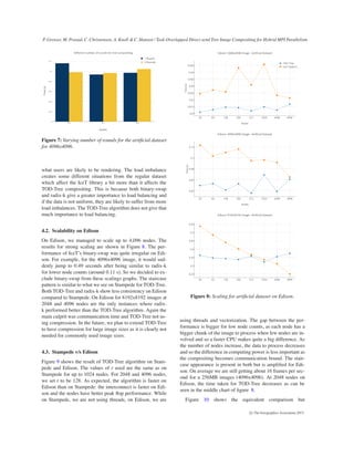 P. Grosset, M. Prasad, C. Christensen, A. Knoll & C. Hansen / Task-Overlapped Direct send Tree Image Compositing for Hybrid MPI Parallelism
Figure 7: Varying number of rounds for the artiﬁcial dataset
for 4096x4096.
what users are likely to be rendering. The load imbalance
creates some different situations from the regular dataset
which affect the IceT library a bit more than it affects the
TOD-Tree compositing. This is because both binary-swap
and radix-k give a greater importance to load balancing and
if the data is not uniform, they are likely to suffer from more
load imbalances. The TOD-Tree algorithm does not give that
much importance to load balancing.
4.2. Scalability on Edison
On Edison, we managed to scale up to 4,096 nodes. The
results for strong scaling are shown in Figure 8. The per-
formance of IceT’s binary-swap was quite irregular on Edi-
son. For example, for the 4096x4096 image, it would sud-
denly jump to 0.49 seconds after being similar to radix-k
for lower node counts (around 0.11 s). So we decided to ex-
clude binary-swap from these scalings graphs. The staircase
pattern is similar to what we see on Stampede for TOD-Tree.
Both TOD-Tree and radix-k show less consistency on Edison
compared to Stampede. On Edison for 8192x8192 images at
2048 and 4096 nodes are the only instances where radix-
k performed better than the TOD-Tree algorithm. Again the
main culprit was communication time and TOD-Tree not us-
ing compression. In the future, we plan to extend TOD-Tree
to have compression for large image sizes as it is clearly not
needed for commonly used image sizes.
4.3. Stampede v/s Edison
Figure 9 shows the result of TOD-Tree algorithm on Stam-
pede and Edison. The values of r used are the same as on
Stampede for up to 1024 nodes. For 2048 and 4096 nodes,
we set r to be 128. As expected, the algorithm is faster on
Edison than on Stampede: the interconnect is faster on Edi-
son and the nodes have better peak ﬂop performance. While
on Stampede, we are not using threads, on Edison, we are
Figure 8: Scaling for artiﬁcial dataset on Edison.
using threads and vectorization. The gap between the per-
formance is bigger for low node counts, as each node has a
bigger chunk of the image to process when few nodes are in-
volved and so a faster CPU makes quite a big difference. As
the number of nodes increase, the data to process decreases
and so the difference in computing power is less important as
the compositing becomes communication bound. The stair-
case appearance is present in both but is ampliﬁed for Edi-
son. On average we are still getting about 16 frames per sec-
ond for a 256MB images (4096x4096). At 2048 nodes on
Edison, the time taken for TOD-Tree decreases as can be
seen in the middle chart of ﬁgure 8.
Figure 10 shows the equivalent comparison but
c The Eurographics Association 2015.
 