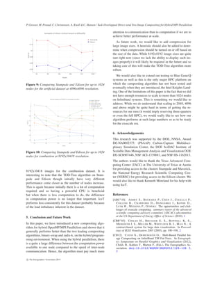 P. Grosset, M. Prasad, C. Christensen, A. Knoll & C. Hansen / Task-Overlapped Direct send Tree Image Compositing for Hybrid MPI Parallelism
Figure 9: Comparing Stampede and Edison for up to 1024
nodes for the artiﬁcial dataset at 4096x4096 resolution.
Figure 10: Comparing Stampede and Edison for up to 1024
nodes for combustion at 8192x10418 resolution.
8192x10418 images for the combustion dataset. It is
interesting to note that the TOD-Tree algorithm on Stam-
pede and Edison though initially have very different
performance come closer as the number of nodes increase.
This is again because initially there is a lot of computation
required and so having a powerful CPU is beneﬁcial
but when there is less computation to do, the difference
in computation power is no longer that important. IceT
performs less consistently for this dataset probably because
of the load imbalance inherent in the dataset.
5. Conclusion and Future Work
In this paper, we have introduced a new compositing algo-
rithm for hybrid OpenMP/MPI Parallelism and shown that it
generally performs better than the two leading compositing
algorithms, binary-swap and radix-k, on the hybrid program-
ming environment. When using the hybrid parallelism, there
is a quite a large difference between the computation power
available to one node compared to the speed of inter-node
communication. Hence, the algorithm must pay much more
attention to communication than to computation if we are to
achieve better performance at scale.
As future work, we would like to add compression for
large image sizes. A heuristic should also be added to deter-
mine when compression should be turned on or off based on
the size of the data. While 8192x8192 image sizes are quite
rare right now (since we lack the ability to display such im-
ages properly) it will likely be required in the future and so
taking care of this will make the TOD-Tree algorithm more
robust.
We would also like to extend out testing to Blue Gene/Q
systems as well as this is the only major HPC platform on
which the compositing algorithm has not been tested and
eventually when they are introduced, the Intel Knights Land-
ing. One of the limitations of this paper is the fact that we did
not have enough resources to scale to more than 1024 nodes
on Inﬁniband systems. This is something we would like to
address. While we do understand that scaling to 2048, 4096
and above might be quite hard in terms of getting the re-
sources for our runs (it would imply reserving three-quarters
or even the full HPC), we would really like to see how our
algorithm performs at such large numbers so as to be ready
for the exascale era.
6. Acknowledgements
This research was supported by the DOE, NNSA, Award
DE-NA0002375: (PSAAP) Carbon-Capture Multidisci-
plinary Simulation Center, the DOE SciDAC Institute of
Scalable Data Management Analysis and Visualization DOE
DE-SC0007446, NSF ACI-1339881, and NSF IIS-1162013.
The authors would like to thank the Texas Advanced Com-
puting Center (TACC) at The University of Texas at Austin
for providing access to the clusters Stampede and Maverick,
the National Energy Research Scientiﬁc Computing Cen-
ter (NERSC) for providing access to the Edison cluster. We
would also like to thank Kenneth Moreland for his help with
using IceT.
References
[ABC∗10] ASHBY S., BECKMAN P., CHEN J., COLELLA P.,
COLLINS B., CRAWFORD D., DONGARRA J., KOTHE D.,
LUSK R., MESSINA P., OTHERS: The opportunities and chal-
lenges of exascale computing. summary report of the advanced
scientiﬁc computing advisory committee (ASCAC) subcommittee
at the US Department of Energy Ofﬁce of Science (2010). 1
[CBB∗05] CHILDS H., BRUGGER E. S., BONNELL K. S.,
MEREDITH J. S., MILLER M., WHITLOCK B. J., MAX N.: A
contract-based system for large data visualization. In Proceed-
ings of IEEE Visualization 2005 (2005), pp. 190–198. 2
[CD12] CAVIN X., DEMENGEON O.: Shift-Based Parallel Im-
age Compositing on InﬁniBand TM Fat-Trees. In Eurograph-
ics Symposium on Parallel Graphics and Visualization (2012),
Childs H., Kuhlen T., Marton F., (Eds.), The Eurographics As-
sociation. doi:10.2312/EGPGV/EGPGV12/129-138. 2,
5
c The Eurographics Association 2015.
 
