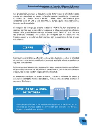 Orientaciones Pedagógicas para la Prevención del Consumo de Drogas en
Población Escolar del Nivel de Educación Secundaria
109
Orientaciones Pedagógicas para la Prevención del Consumo de Drogas en
Población Escolar del Nivel de Educación Secundaria
Orientaciones Pedagógicas para la Prevención del Consumo de Drogas en
Población Escolar del Nivel de Educación Secundaria
109109109109109109
CIERRE 5 minutos
Promovemos el análisis y reﬂexión en las y los estudiantes sobre la falsedad
de muchas creencias en relación al consumo de alcohol y tabaco, escuchamos
algunas conclusiones.
Reforzamos que las creencias son aquellas ideas o pensamientos que inﬂuyen
en el comportamiento de las personas para iniciar o continuar consumiendo
drogas, las cuales afectan negativamente la salud.
Es necesario clariﬁcar las ideas erróneas, buscando información veraz y
adoptando comportamientos saludables, rechazando a quienes alientan el
consumo de drogas.
DESPUÉS DE LA HORA
DE TUTORÍA
Promovemos que las y los estudiantes organicen y participen en el
concurso de murales sobre la prevención del consumo de drogas
legales como el alcohol y tabaco.
Los grupos leen, analizan y discuten acerca de la verdad o falsedad de cada
una de las creencias y las ubican en la columna correspondiente (verdaderas
o falsas) del tablero “PONTE PILAS”. Deben tener fundamentos para
colocarlas tanto en una u otra columna. Si surge alguna idea discrepante,
también será respetada.
El delegado de cada grupo expone su tablero “PONTE PILAS”, explicando las
razones por las que se considera verdadera o falsa cada creencia elegida.
Luego, cada grupo recibe una hoja impresa con EL TABLERO que contiene
las premisas correctas (ver Anexo). Se compara con los resultados del
trabajo grupal y se aclaran discrepancias con intervención de los propios
estudiantes.
 