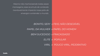 TODXS
Mesmo não memorizando todas essas
mensagens, esse acúmulo de conteúdo
inevitavelmente impacta nosso jeito de
enxergar e entender o mundo.
BONITO, SEXY x FEIO, NÃO DESEJÁVEL
PAPEL DA MULHER x PAPEL DO HOMEM
BEM SUCEDIDO x FRACASSADO
ELITE x POPULAR
VIRIL x POUCO VIRIL, PEJORATIVO
 
