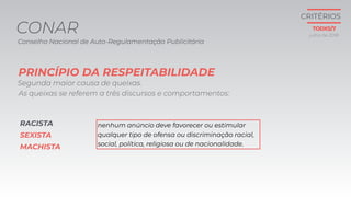 nenhum anúncio deve favorecer ou estimular
qualquer tipo de ofensa ou discriminação racial,
social, política, religiosa ou de nacionalidade.
julho de 2018
CRITÉRIOS
Conselho Nacional de Auto-Regulamentação Publicitária
Segunda maior causa de queixas.
RACISTA
SEXISTA
MACHISTA
As queixas se referem a três discursos e comportamentos:
PRINCÍPIO DA RESPEITABILIDADE
CONAR TODXS/7
 