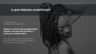 O QUE PRECISA ACONTECER?
Equilibrar relação
protagonista x coadjuvante.
Dobrar o número de protagonistas
negras. No caso dos homens, o
percurso é ainda maior.
Estender protagonismo para segmentos
que ainda não incluíram efetivamente a
raça negra nas suas histórias.
 