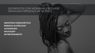 SEGMENTOS COM NENHUMA OU QUASE
NENHUMA PRESENÇA DE NEGROS
INDÚSTRIA FARMACÊUTICA
BEBIDAS ALCÓOLICAS
AUTOMÓVEIS
EDUCAÇÃO
ENTRETENIMENTO
 