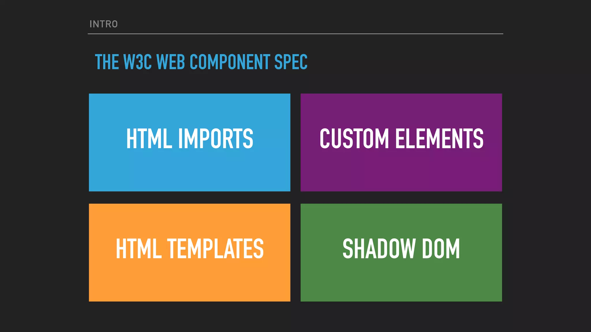 INTRO
THE W3C WEB COMPONENT SPEC
HTML IMPORTS
HTML TEMPLATES
CUSTOM ELEMENTS
SHADOW DOM
 