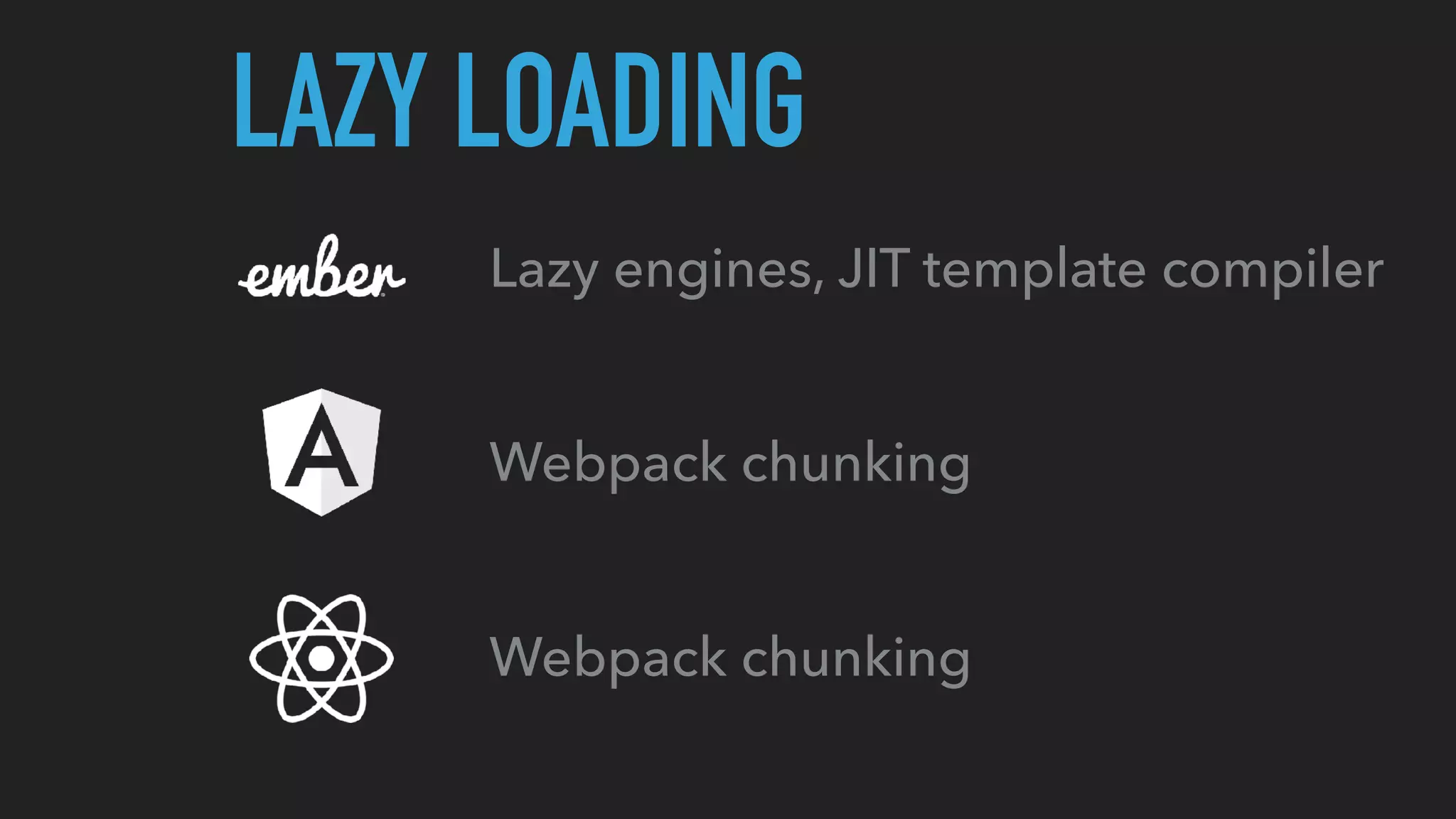 LAZY LOADING
Lazy engines, JIT template compiler
Webpack chunking
Webpack chunking
 