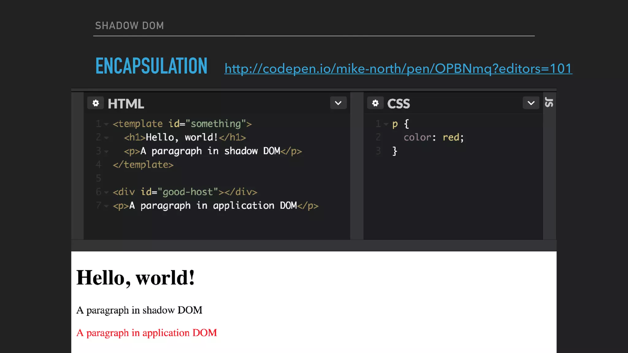 SHADOW DOM
ENCAPSULATION http://codepen.io/mike-north/pen/OPBNmq?editors=101
 