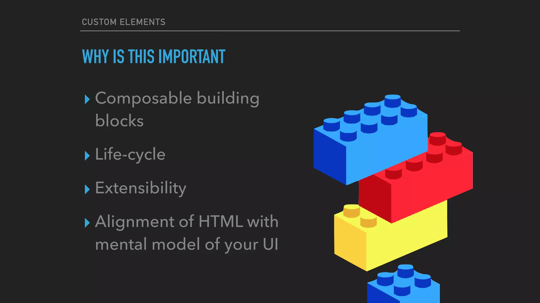 CUSTOM ELEMENTS
WHY IS THIS IMPORTANT
▸ Composable building
blocks
▸ Life-cycle
▸ Extensibility
▸ Alignment of HTML with
mental model of your UI
 