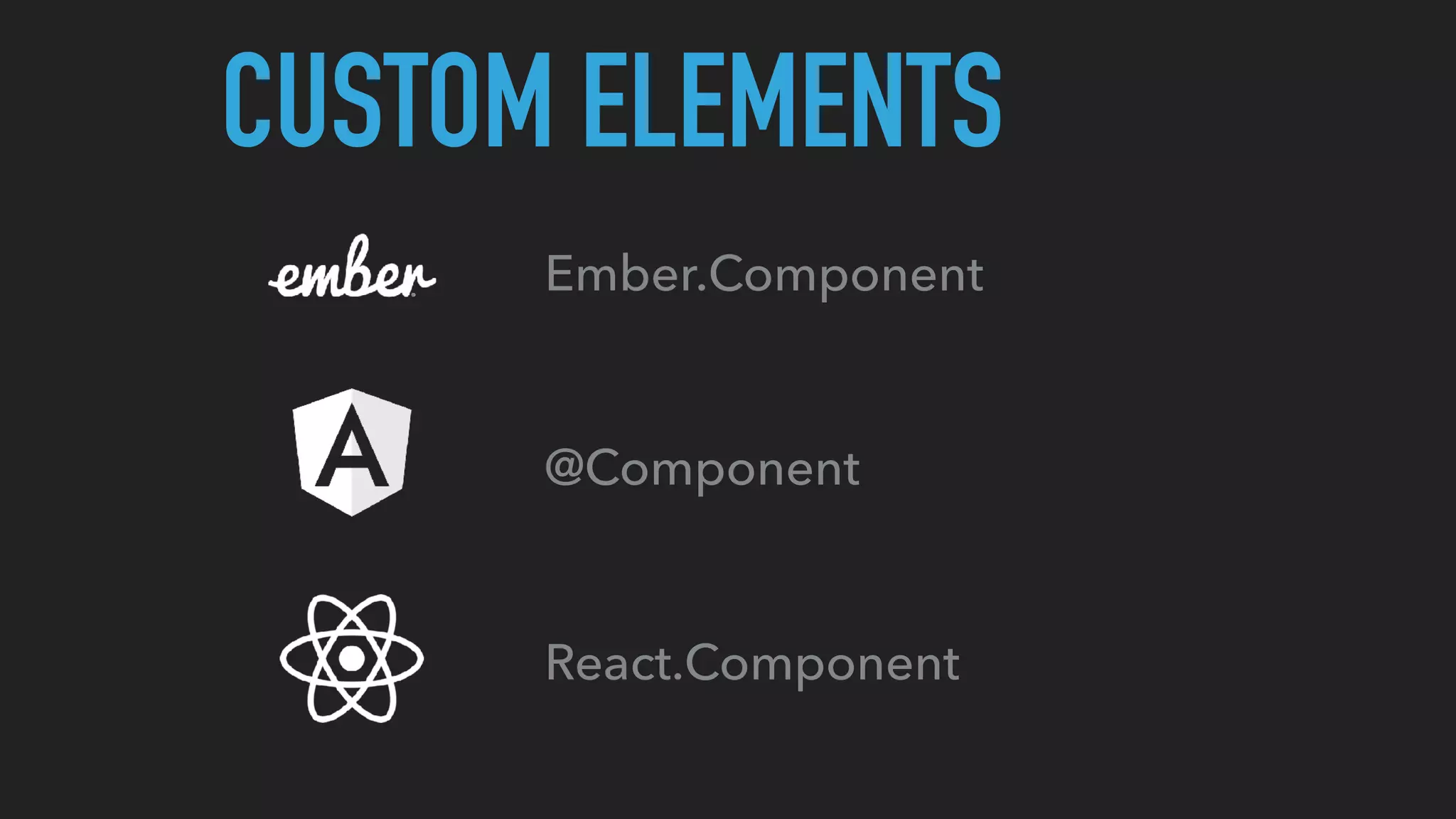 CUSTOM ELEMENTS
Ember.Component
@Component
React.Component
 