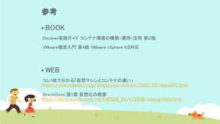 参考
▪ BOOK
Ｄｏｃｋｅｒ実践ガイド コンテナ環境の構築・運用・活用 第２版
VMware徹底入門 第4版 VMware vSphere 6.0対応
▪ WEB
コレ1枚で分かる「仮想マシンとコンテナの違い」
https://www.itmedia.co.jp/enterprise/articles/1612/19/news041.html
OracleDocs 第1章 仮想化の概要
https://docs.oracle.com/cd/E40528_01/b71928/vmusg-intro.html
 