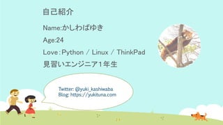 自己紹介
Name:かしわばゆき
Age:24
Love：Python / Linux / ThinkPad
見習いエンジニア１年生
Twitter: @yuki_kashiwaba
Blog: https://yukituna.com
 
