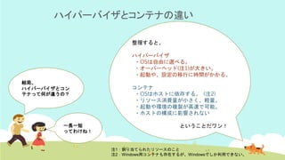 注1：割り当てられたリソースのこと
注2：Windows用コンテナも存在するが、Windowsでしか利用できない。
一長一短
ってわけね！
整理すると、
ハイパーバイザ
・OSは自由に選べる。
・オーバーヘッド(注1)が大きい。
・起動や、設定の移行に時間がかかる。
コンテナ
・OSはホストに依存する。 (注2)
・リソース消費量が小さく、軽量。
・起動や環境の複製が高速で可能。
・ホストの構成に影響されない
ということだワン！
ハイパーバイザとコンテナの違い
結局、
ハイパーバイザとコン
テナって何が違うの？
 