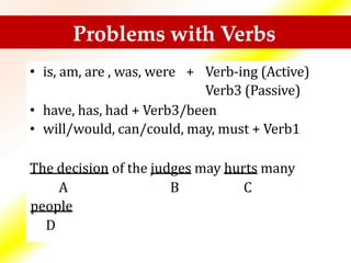 Problems with Verbs
• is, am, are , was, were + Verb-ing (Active)
Verb3 (Passive)
•
•
have, has, had + Verb3/been
will/would, can/could, may, must + Verb1
The decision of the judges may hurts many
A
people
D
B C
 