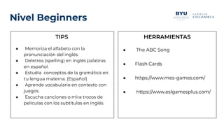 Nivel Beginners
TIPS
● Memoriza el alfabeto con la
pronunciación del inglés.
● Deletrea (spelling) en Inglés palabras
en español.
● Estudia conceptos de la gramática en
tu lengua materna. (Español)
● Aprende vocabulario en contexto con
juegos.
● Escucha canciones o mira trozos de
películas con los subtítulos en Inglés
HERRAMIENTAS
● The ABC Song
● Flash Cards
● https://www.mes-games.com/
● https://www.eslgamesplus.com/
 