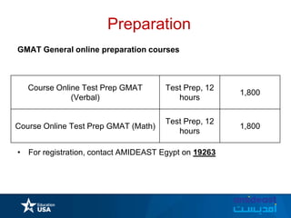 Preparation
GMAT General online preparation courses
• For registration, contact AMIDEAST Egypt on 19263
Course Online Test Prep GMAT
(Verbal)
Test Prep, 12
hours
1,800
Course Online Test Prep GMAT (Math)
Test Prep, 12
hours
1,800
 