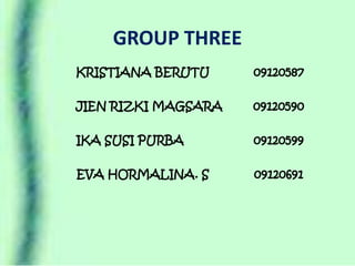 GROUP THREE
KRISTIANA BERUTU     09120587

JIEN RIZKI MAGSARA   09120590

IKA SUSI PURBA       09120599

EVA HORMALINA. S     09120691
 