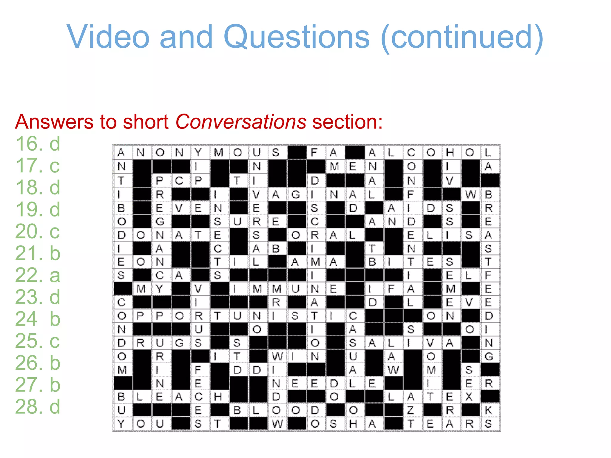 Video and Questions (continued) Answers to short  Conversations  section: 16. d 17. c 18. d 19. d 20. c 21. b 22. a 23. d 24  b 25. c 26. b 27. b 28. d 