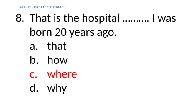 TOEIC Incomplete Sentences: Practical Exercises (Part 1) | PPTX