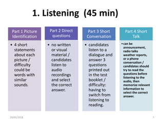 1. Listening (45 min)
Part 1 Picture
Identification
• 4 short
statements
about each
picture /
difficulty
could be
words wi...