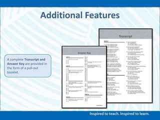 Additional Features
A complete Transcript and
Answer Key are provided in
the form of a pull-out
booklet.
 
