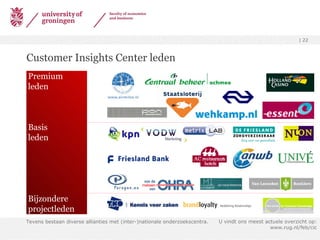 Customer Insights Center leden Tevens bestaan diverse allianties met (inter-)nationale onderzoekscentra. U vindt ons meest actuele overzicht op: www.rug.nl/feb/cic Premium  leden Basis  leden Bijzondere projectleden 