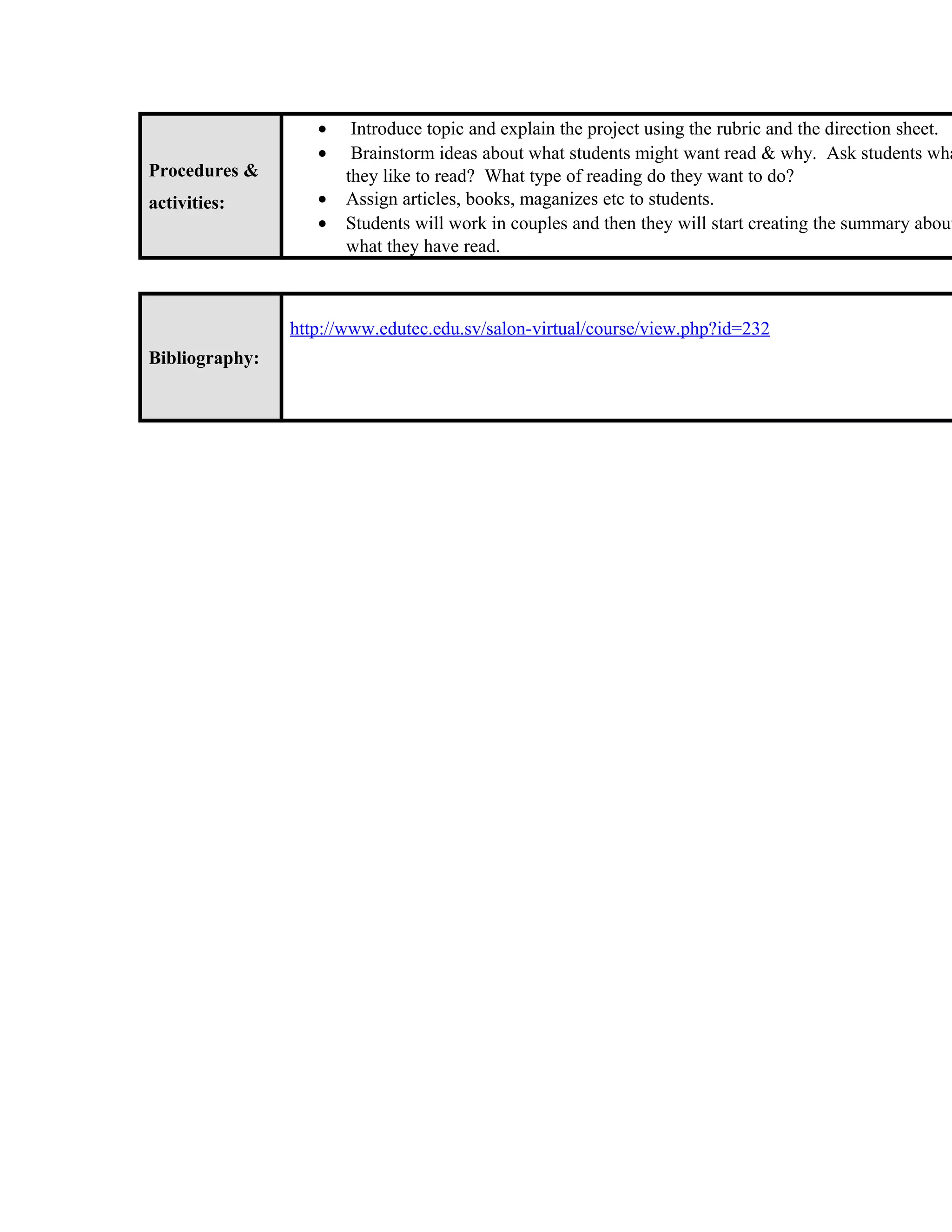 •    Introduce topic and explain the project using the rubric and the direction sheet.
                   •    Brainstorm ideas about what students might want read & why. Ask students wha
Procedures &           they like to read? What type of reading do they want to do?
activities:        •   Assign articles, books, maganizes etc to students.
                   •   Students will work in couples and then they will start creating the summary about
                       what they have read.



                http://www.edutec.edu.sv/salon-virtual/course/view.php?id=232
Bibliography:
 
