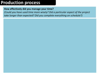 Production process
How effectively did you manage your time?
(Could you have used time more wisely? Did a particular aspect of the project
take longer than expected? Did you complete everything on schedule?)
 