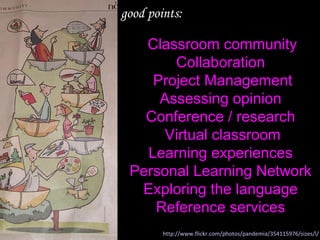 http://www.flickr.com/photos/pandemia/354115976/sizes/l/   Classroom community Collaboration  Project Management Assessing opinion Conference / research  Virtual classroom Learning experiences  Personal Learning Network  Exploring the language  Reference services   good points: 
