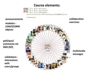 Course elements: announcements modules - LOM/SCORM objects collaborative exercises  multimedia messages poll/quiz/ comments via SMS (f2f) validations -  interactions with users/groups 