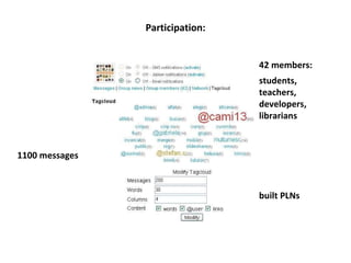 Participation: built PLNs 42 members: students, teachers, developers, librarians 1100 messages 
