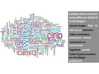 Collaborative exercises using different Web2.0 technologies: puzzle images -  flickr ,  CC del.icio.us  collection video translation -  writeboard ,  dotsub comments on  voicethread tagcloud -  wordle code of good practices on microblogs -  writeboard 