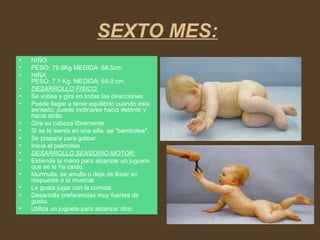 SEXTO MES:
• NIÑO
• PESO: 79.9Kg MEDIDA: 68.5cm.
• NIÑA
PESO: 7.1 Kg. MEDIDA: 65.0 cm.
• DESARROLLO FISICO:
• Se voltea y gira en todas las direcciones.
• Puede llegar a tener equilibrio cuando esta
sentado; puede inclinarse hacia delante y
hacia atrás.
• Gira su cabeza libremente.
• Si se le sienta en una silla se "bambolea".
• Se prepara para gatear.
• Inicia el palmoteo
• DESARROLLO SENSORIO MOTOR:
• Extiende la mano para alcanzar un juguete
que se le ha caído.
• Murmulla, se arrulla o deja de llorar en
respuesta a la musical.
• Le gusta jugar con la comida.
• Desarrolla preferencias muy fuertes de
gusto.
• Utiliza un juguete para alcanzar otro.
 