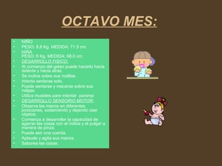 OCTAVO MES:
• NIÑO
• PESO: 8.8 Kg. MEDIDA: 71.5 cm.
• NIÑA
PESO: 8 Kg. MEDIDA: 68.0 cm.
• DESARROLLO FISICO:
• Al comienzo del gateo puede hacerlo hacia
delante y hacia atrás.
• Se inclina sobre sus rodillas.
• Intenta sentarse solo.
• Puede sentarse y mecerse sobre sus
nalgas.
• Utiliza muebles para intentar pararse.
• DESARROLLO SENSORIO MOTOR:
• Observa las manos en diferentes
posiciones, sosteniendo y dejando caer
objetos.
• Comienza a desarrollar la capacidad de
agarrar las cosas con el índice y el pulgar a
manera de pinza.
• Puede asir una cuerda.
• Aplaude y agita sus manos.
• Saborea las cosas.
 