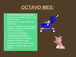 OCTAVO MES:
• DESARROLLO INTELECTUAL:
• Recuerda un evento pasado y una
acción propia.
• Comienza a mostrar conciencia
del tiempo.
• Tiene un modelo mental del rostro
humano y empieza a interesarse
en sus variaciones.
• Vocaliza en dos silabas.
• DESARROLLO SOCIAL:
• Grita para llamar la atención.
• Mantiene interés en jugar.
• Puede decir adiós con la mano.
• Empuja o rechaza algo que no
quiere.
 