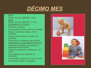 DÉCIMO MES
• NIÑO
• PESO: 9.6 Kg. MEDIDA: 74cm.
• NIÑA
PESO: 8.8 Kg. MEDIDA: 71 cm.
• DESARROLLO FISICO:
• Tendera a pararse.
• Da pequeños pasos entre los muebles.
• Sube y baja de las sillas y otros
muebles.
• Cuando esta parado es capaz de
sentarse.
• Puede tener problemas para dormir.
• DESARROLLO SENSORIO MOTOR:
• Observa los objetos individuales y
separados de los otros.
• Carga dos pequeños objetos en una
mano.
• Abre cajones para explorar su
contenido.
• Le interesa encajar una cosa con otra.
• Comprende mejor el lenguaje.
 