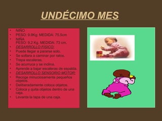 UNDÉCIMO MES
• NIÑO
• PESO: 9.9Kg: MEDIDA: 75.5cm
• NIÑA
PESO: 9.2 Kg. MEDIDA: 73 cm.
• DESARROLLO FISICO:
• Puede llegar a pararse solo.
• Se soltara a caminar por ratos.
• Trepa escaleras.
• Se acurruca y se inclina.
• Aprende a bajar escaleras de espalda.
• DESARROLLO SENSORIO MOTOR:
• Recoge minuciosamente pequeños
objetos.
• Deliberadamente coloca objetos.
• Coloca y quita objetos dentro de una
caja.
• Levanta la tapa de una caja.
 