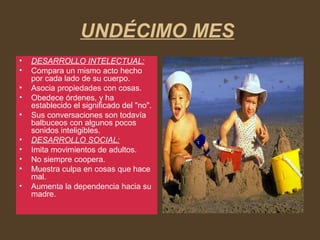 UNDÉCIMO MES
• DESARROLLO INTELECTUAL:
• Compara un mismo acto hecho
por cada lado de su cuerpo.
• Asocia propiedades con cosas.
• Obedece órdenes, y ha
establecido el significado del "no".
• Sus conversaciones son todavía
balbuceos con algunos pocos
sonidos inteligibles.
• DESARROLLO SOCIAL:
• Imita movimientos de adultos.
• No siempre coopera.
• Muestra culpa en cosas que hace
mal.
• Aumenta la dependencia hacia su
madre.
 