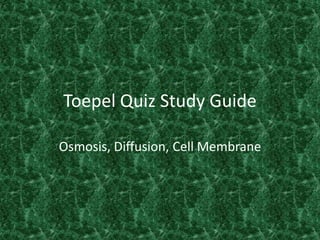 Toepel Quiz Study Guide

Osmosis, Diffusion, Cell Membrane
 