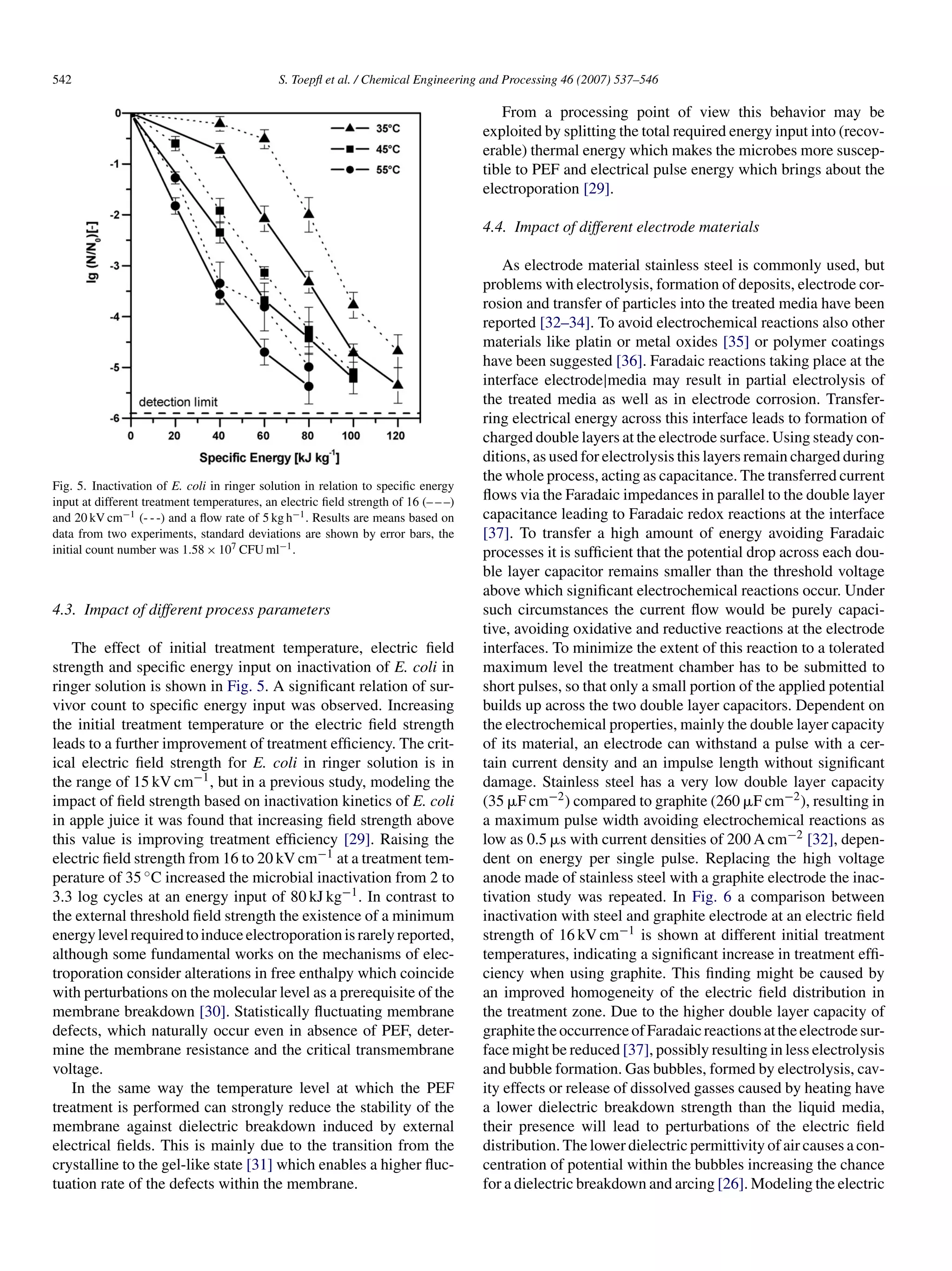 542                                           S. Toepﬂ et al. / Chemical Engineering and Processing 46 (2007) 537–546

                                                                                         From a processing point of view this behavior may be
                                                                                     exploited by splitting the total required energy input into (recov-
                                                                                     erable) thermal energy which makes the microbes more suscep-
                                                                                     tible to PEF and electrical pulse energy which brings about the
                                                                                     electroporation [29].

                                                                                     4.4. Impact of different electrode materials

                                                                                         As electrode material stainless steel is commonly used, but
                                                                                     problems with electrolysis, formation of deposits, electrode cor-
                                                                                     rosion and transfer of particles into the treated media have been
                                                                                     reported [32–34]. To avoid electrochemical reactions also other
                                                                                     materials like platin or metal oxides [35] or polymer coatings
                                                                                     have been suggested [36]. Faradaic reactions taking place at the
                                                                                     interface electrode|media may result in partial electrolysis of
                                                                                     the treated media as well as in electrode corrosion. Transfer-
                                                                                     ring electrical energy across this interface leads to formation of
                                                                                     charged double layers at the electrode surface. Using steady con-
                                                                                     ditions, as used for electrolysis this layers remain charged during
                                                                                     the whole process, acting as capacitance. The transferred current
Fig. 5. Inactivation of E. coli in ringer solution in relation to speciﬁc energy
input at different treatment temperatures, an electric ﬁeld strength of 16 (– – –)   ﬂows via the Faradaic impedances in parallel to the double layer
and 20 kV cm−1 (- - -) and a ﬂow rate of 5 kg h−1 . Results are means based on       capacitance leading to Faradaic redox reactions at the interface
data from two experiments, standard deviations are shown by error bars, the          [37]. To transfer a high amount of energy avoiding Faradaic
initial count number was 1.58 × 107 CFU ml−1 .                                       processes it is sufﬁcient that the potential drop across each dou-
                                                                                     ble layer capacitor remains smaller than the threshold voltage
                                                                                     above which signiﬁcant electrochemical reactions occur. Under
4.3. Impact of different process parameters                                          such circumstances the current ﬂow would be purely capaci-
                                                                                     tive, avoiding oxidative and reductive reactions at the electrode
   The effect of initial treatment temperature, electric ﬁeld                        interfaces. To minimize the extent of this reaction to a tolerated
strength and speciﬁc energy input on inactivation of E. coli in                      maximum level the treatment chamber has to be submitted to
ringer solution is shown in Fig. 5. A signiﬁcant relation of sur-                    short pulses, so that only a small portion of the applied potential
vivor count to speciﬁc energy input was observed. Increasing                         builds up across the two double layer capacitors. Dependent on
the initial treatment temperature or the electric ﬁeld strength                      the electrochemical properties, mainly the double layer capacity
leads to a further improvement of treatment efﬁciency. The crit-                     of its material, an electrode can withstand a pulse with a cer-
ical electric ﬁeld strength for E. coli in ringer solution is in                     tain current density and an impulse length without signiﬁcant
the range of 15 kV cm−1 , but in a previous study, modeling the                      damage. Stainless steel has a very low double layer capacity
impact of ﬁeld strength based on inactivation kinetics of E. coli                    (35 ␮F cm−2 ) compared to graphite (260 ␮F cm−2 ), resulting in
in apple juice it was found that increasing ﬁeld strength above                      a maximum pulse width avoiding electrochemical reactions as
this value is improving treatment efﬁciency [29]. Raising the                        low as 0.5 ␮s with current densities of 200 A cm−2 [32], depen-
electric ﬁeld strength from 16 to 20 kV cm−1 at a treatment tem-                     dent on energy per single pulse. Replacing the high voltage
perature of 35 ◦ C increased the microbial inactivation from 2 to                    anode made of stainless steel with a graphite electrode the inac-
3.3 log cycles at an energy input of 80 kJ kg−1 . In contrast to                     tivation study was repeated. In Fig. 6 a comparison between
the external threshold ﬁeld strength the existence of a minimum                      inactivation with steel and graphite electrode at an electric ﬁeld
energy level required to induce electroporation is rarely reported,                  strength of 16 kV cm−1 is shown at different initial treatment
although some fundamental works on the mechanisms of elec-                           temperatures, indicating a signiﬁcant increase in treatment efﬁ-
troporation consider alterations in free enthalpy which coincide                     ciency when using graphite. This ﬁnding might be caused by
with perturbations on the molecular level as a prerequisite of the                   an improved homogeneity of the electric ﬁeld distribution in
membrane breakdown [30]. Statistically ﬂuctuating membrane                           the treatment zone. Due to the higher double layer capacity of
defects, which naturally occur even in absence of PEF, deter-                        graphite the occurrence of Faradaic reactions at the electrode sur-
mine the membrane resistance and the critical transmembrane                          face might be reduced [37], possibly resulting in less electrolysis
voltage.                                                                             and bubble formation. Gas bubbles, formed by electrolysis, cav-
   In the same way the temperature level at which the PEF                            ity effects or release of dissolved gasses caused by heating have
treatment is performed can strongly reduce the stability of the                      a lower dielectric breakdown strength than the liquid media,
membrane against dielectric breakdown induced by external                            their presence will lead to perturbations of the electric ﬁeld
electrical ﬁelds. This is mainly due to the transition from the                      distribution. The lower dielectric permittivity of air causes a con-
crystalline to the gel-like state [31] which enables a higher ﬂuc-                   centration of potential within the bubbles increasing the chance
tuation rate of the defects within the membrane.                                     for a dielectric breakdown and arcing [26]. Modeling the electric
 