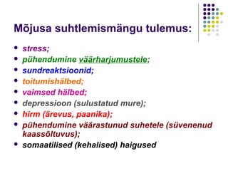 Mõjusa suhtlemismängu tulemus:
   stress;
   pühendumine väärharjumustele;
   sundreaktsioonid;
   toitumishälbed;
   vaimsed hälbed;
   depressioon (sulustatud mure);
   hirm (ärevus, paanika);
   pühendumine väärastunud suhetele (süvenenud
    kaassõltuvus);
   somaatilised (kehalised) haigused
 