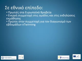 Σε εθνικό επίπεδο:
• Πρωτιές στα Ευρωπαϊκά Βραβεία
• Ενεργή συμμετοχή στις ομάδες και στις εκδηλώσεις
εκμάθησης
• Πρώτοι στην συμμετοχή για τον διαγωνισμό των
εβδομάδων eTwinning

 